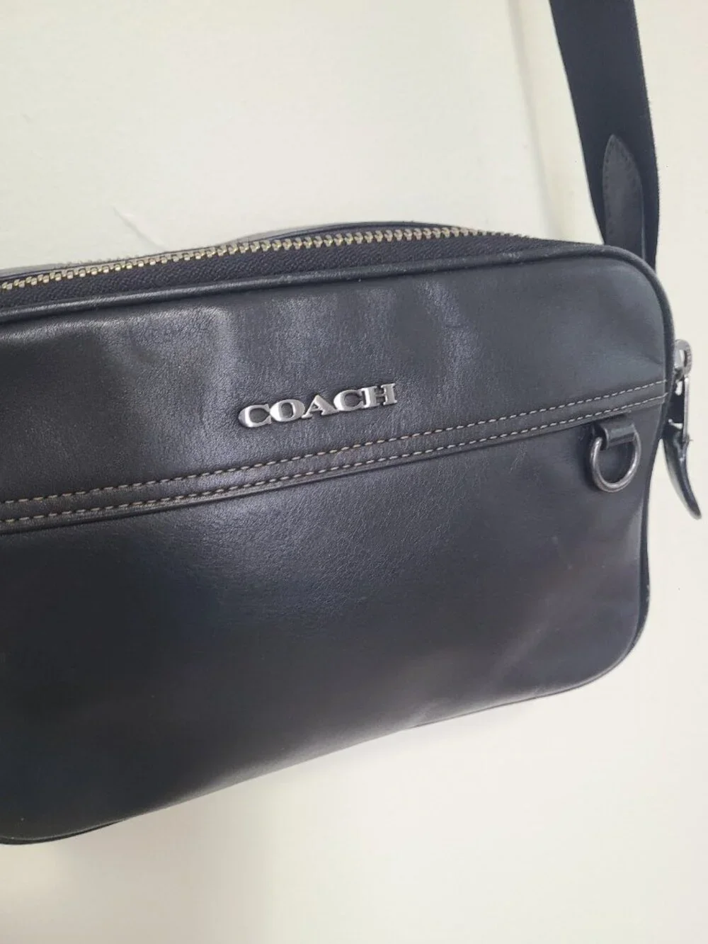 COACH C4148 Black Calf Leather Double Zip Graham Crossbody Camera Bag